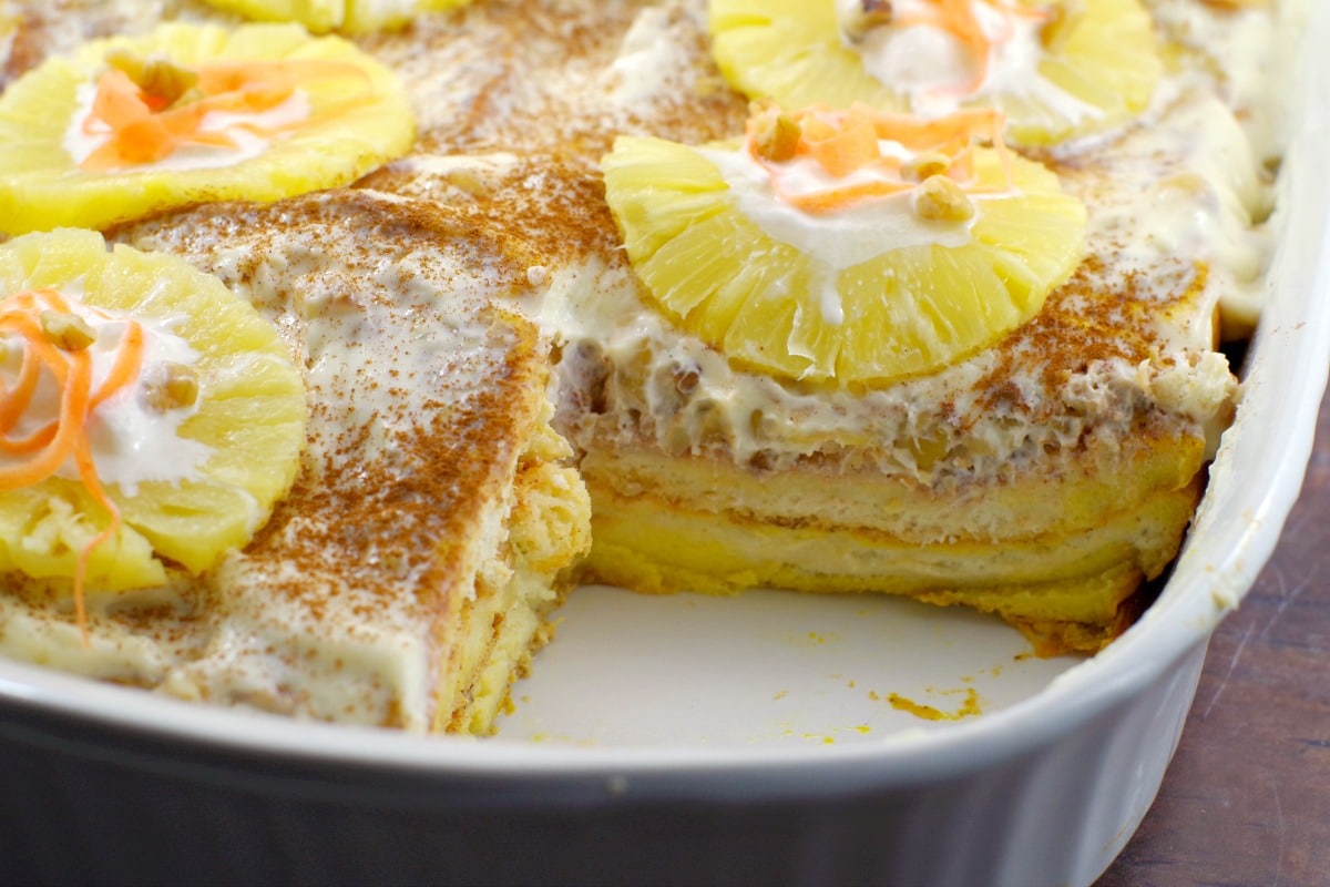 Carrot Cake French Toast Casserole with a piece missing