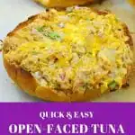 Open faced tuna melts on parchment paper covered baking sheet
