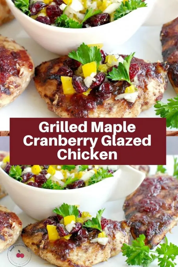 collage pin with text and 2 photos of maple cranberry chicken with cranberry salsa