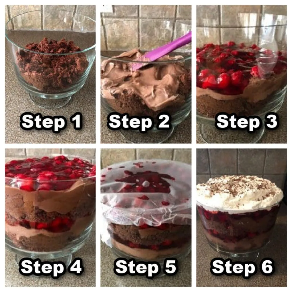collage of 6 photos of steps to make and easy black forest trifle