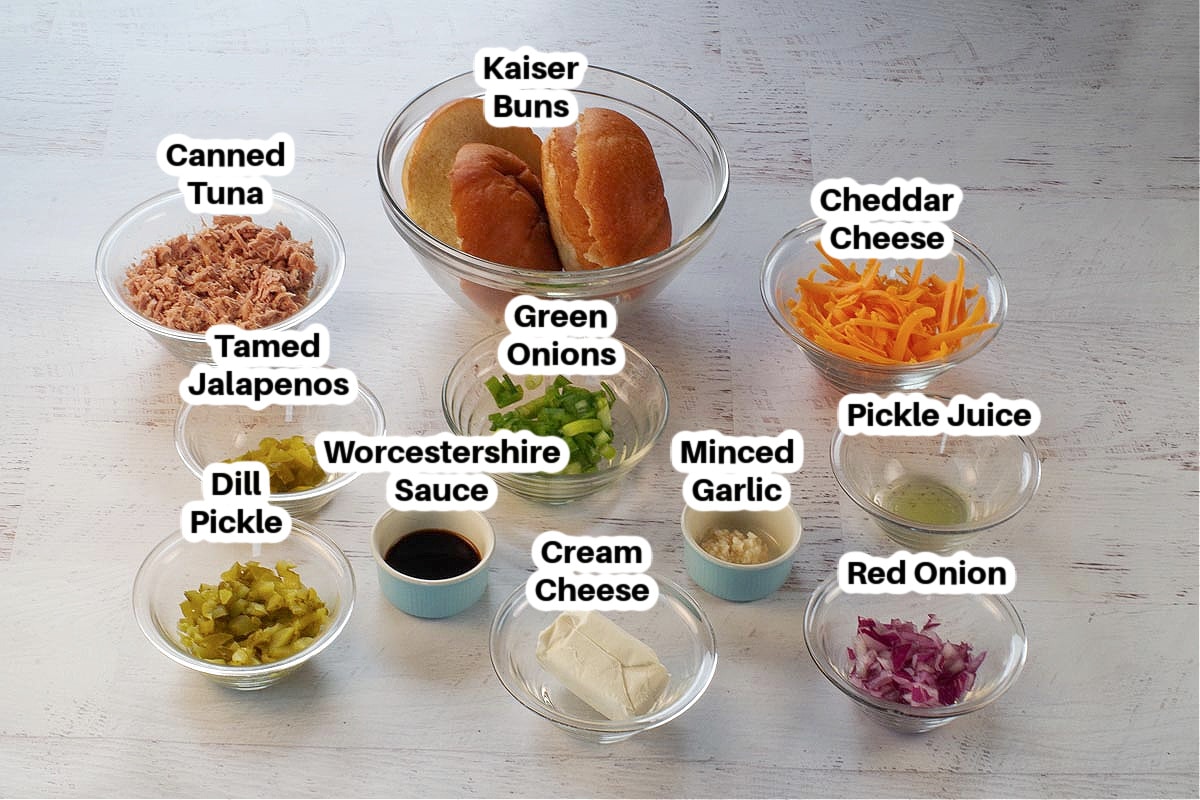 ingredients in open face tuna melts in glass bowls, labelled