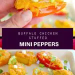 Pinterest pin with text in the middle and 2 photos of buffalo chicken stuffed mini peppers