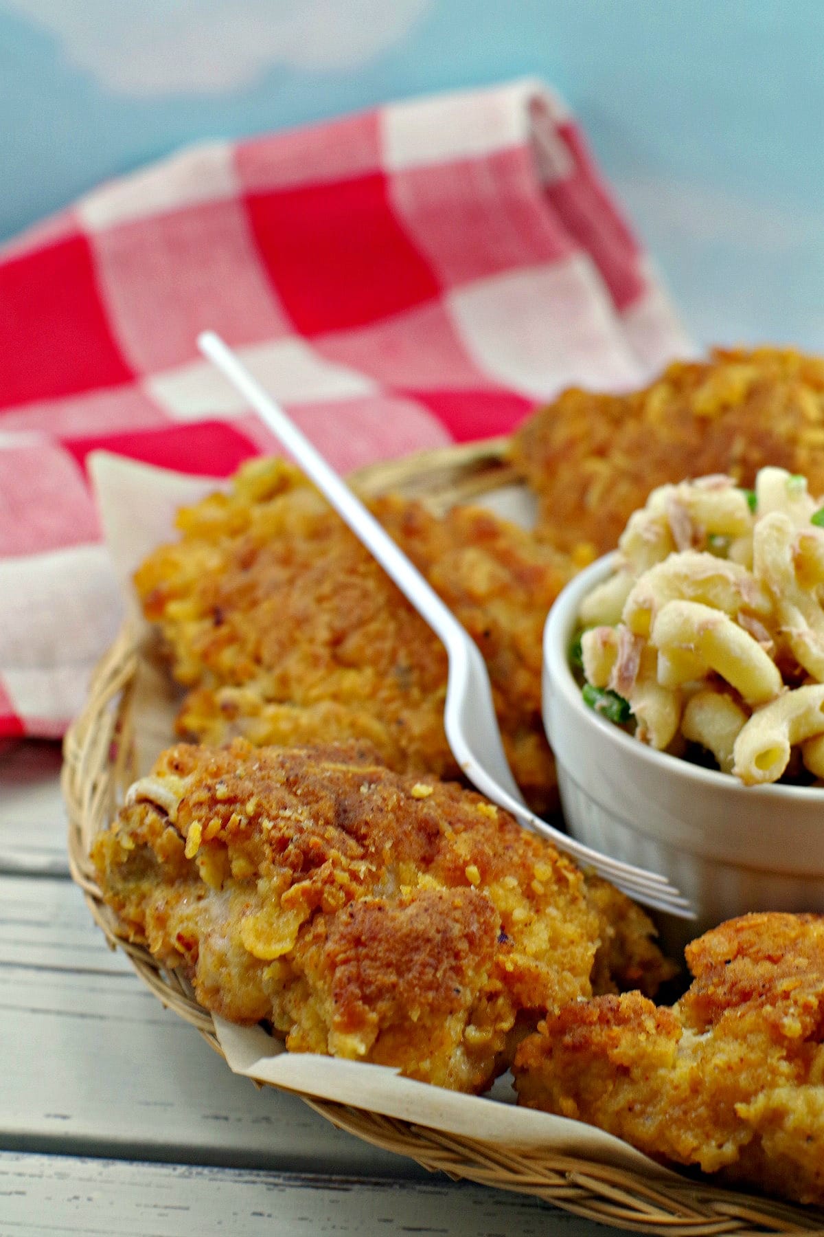 view of half plate of fried chicken with macaroni salad