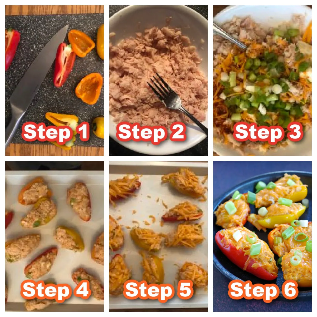 collage of 6 photos of steps to make buffalo chicken stuffed mini peppers