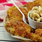 view of half plate of fried chicken with macaroni salad