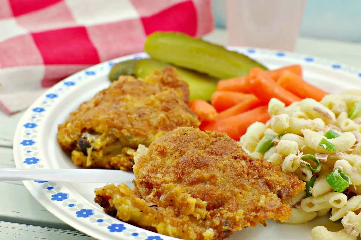 Picnic Fried Chicken on plate with macaroni saladtihe