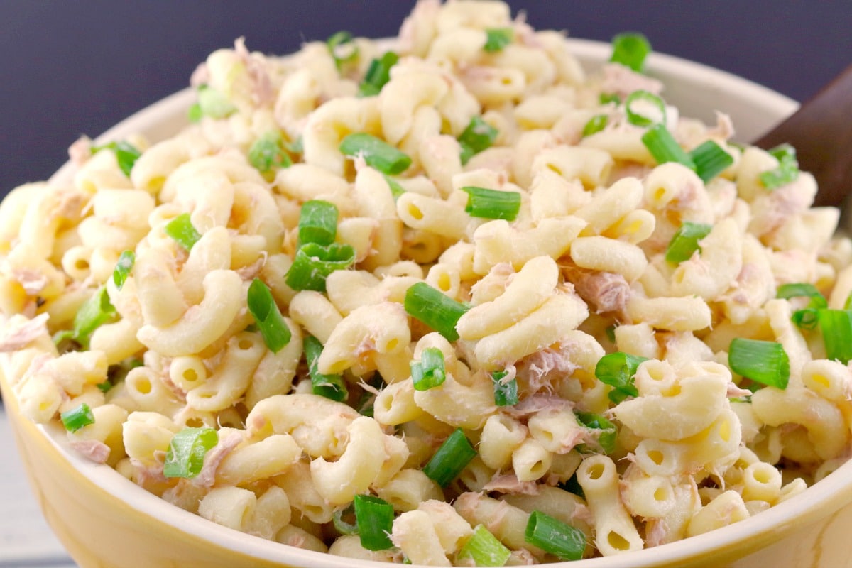 Close up of Tuna Macaroni salad in a yellow bowl