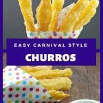 Collage of photos of Churros in carnival style colored polka dot paper holder