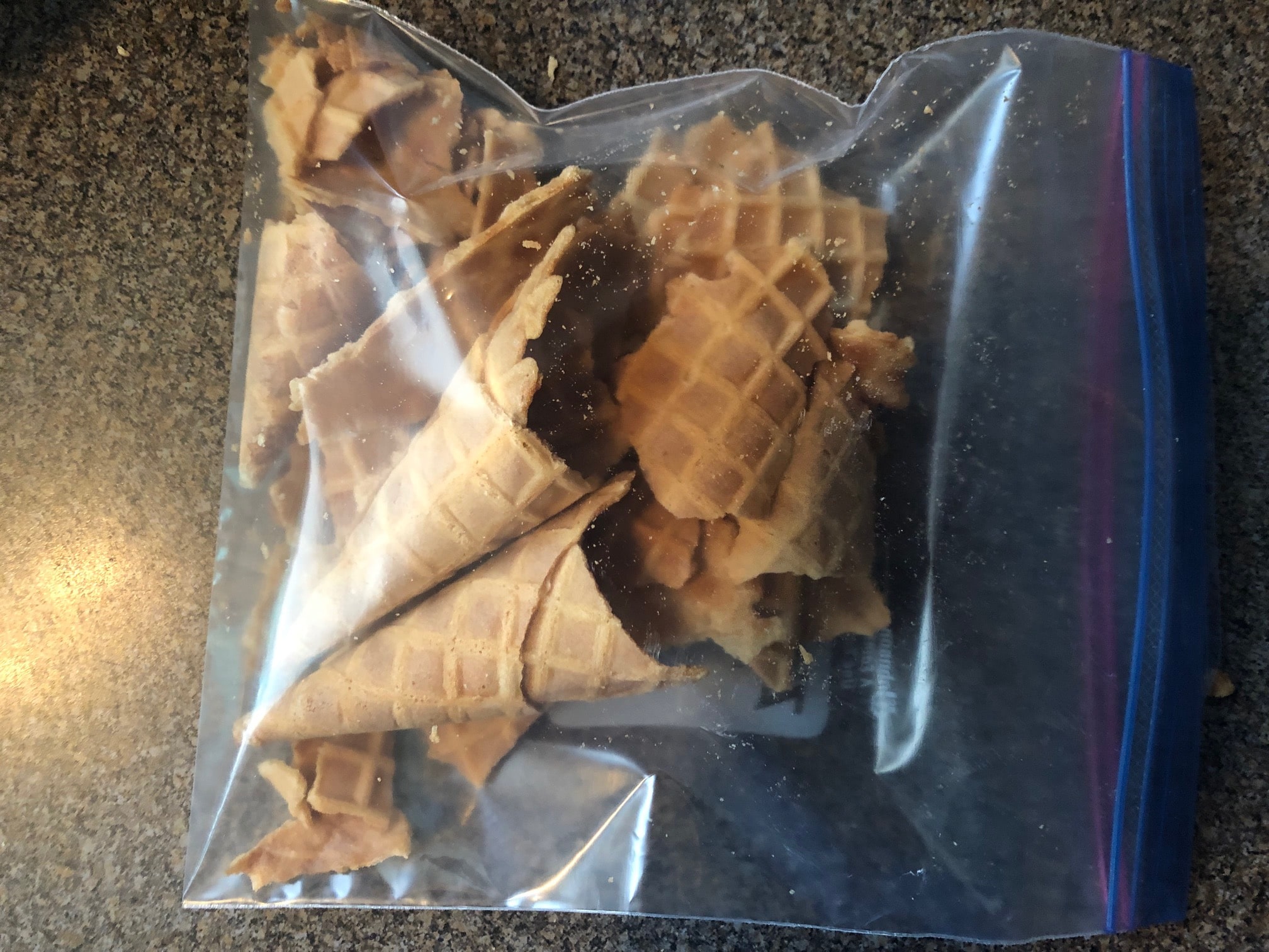 Waffle cones in ziplock bag, ready to be crushed