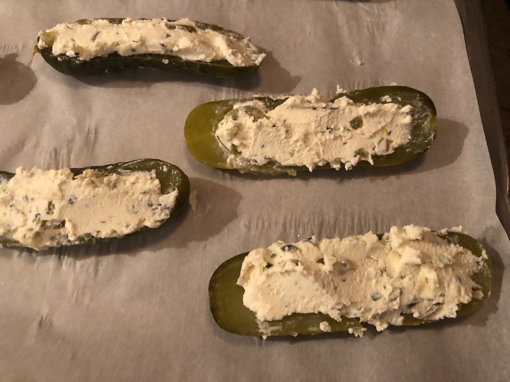 Pickles stuffed with Boursin Cheese mixture and smoothed