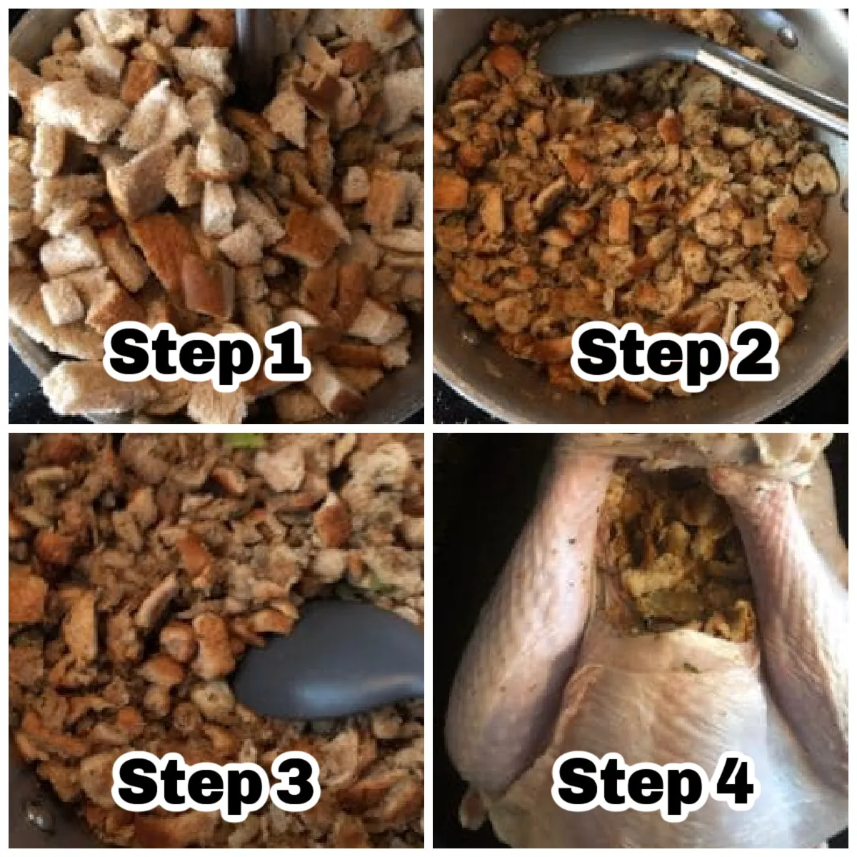 collage of 4 photos of steps for making turkey stuffing
