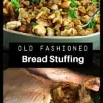 photo of stuffing in green dish with stuffed turkey on bottom