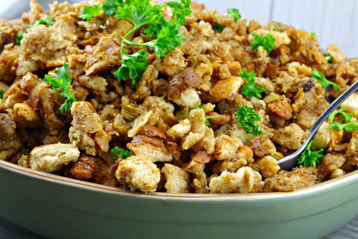 stuffing in a sage green bowl