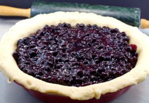 Saskatoon berry pie filling poured into unbaked pie shell