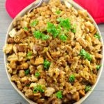 Old fashioned bread stuffing in green dish