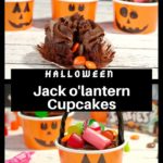 Collage of 2 photos of halloween jack o'lantern cupcakes