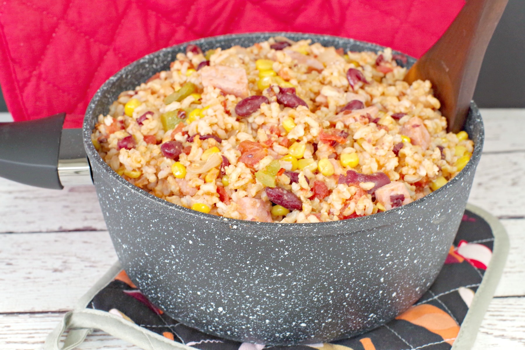 Leftover Ham, Rice and Beans in black and white speckled pot