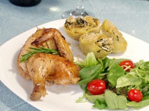 Cornish Hen on a plate with pasta and salad