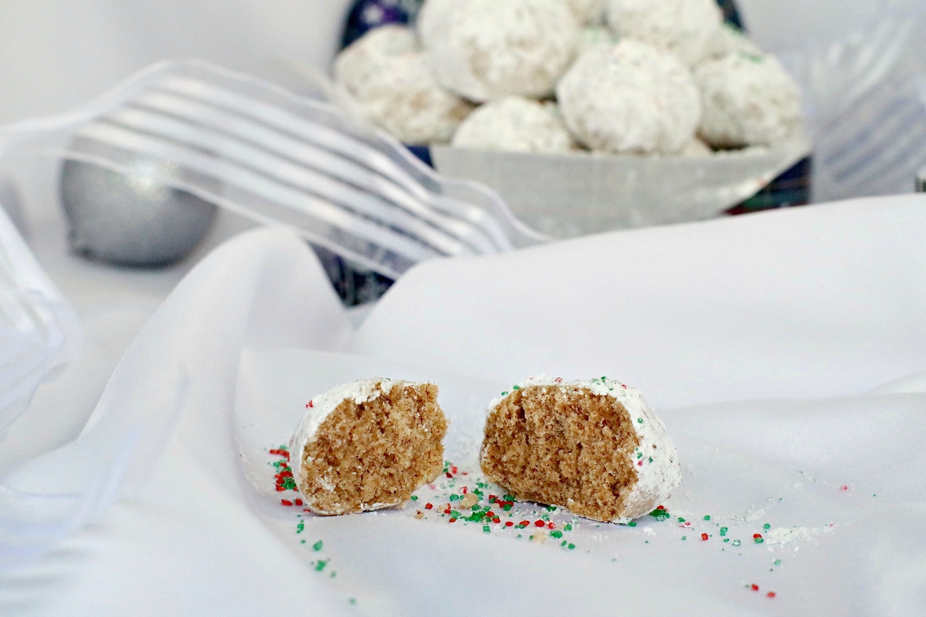 Gingerbread Snowball cookies broken in half