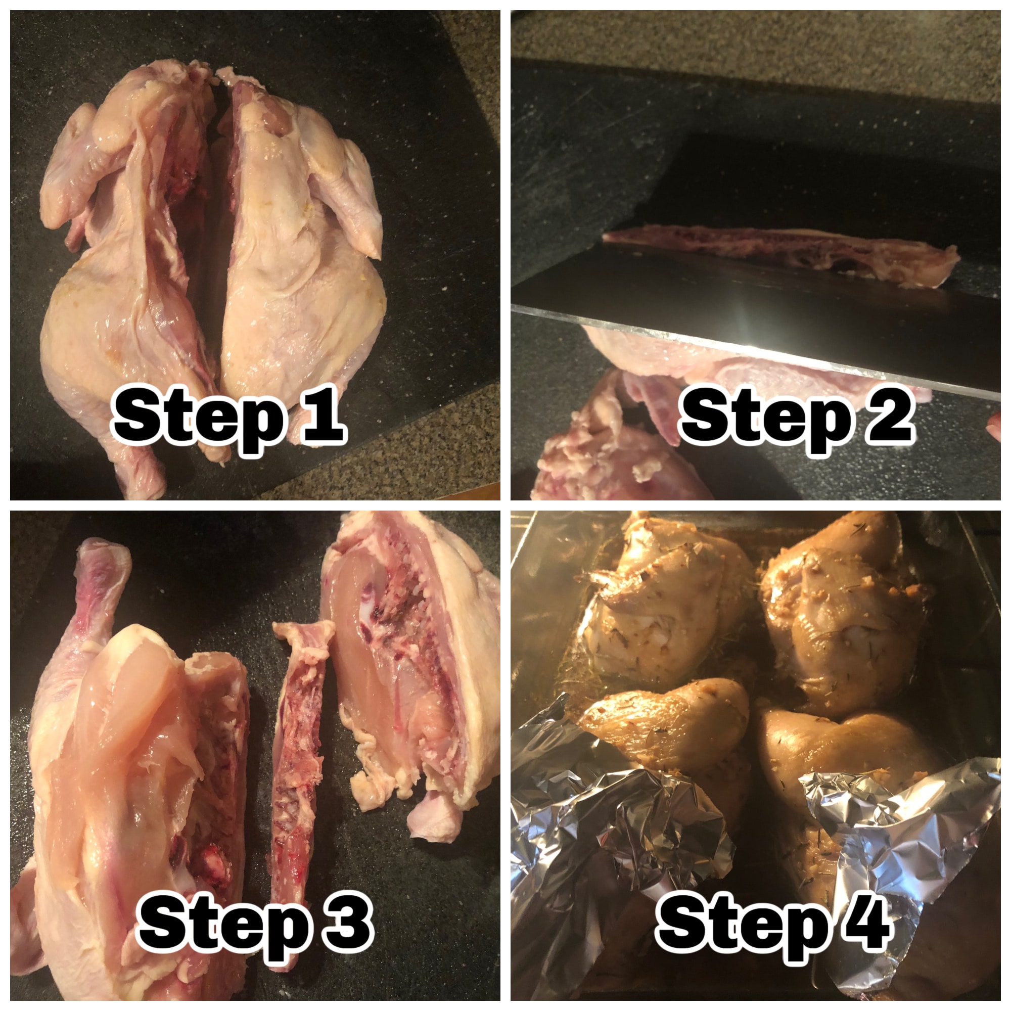 collage of 4 photos showing steps to making cornish hens