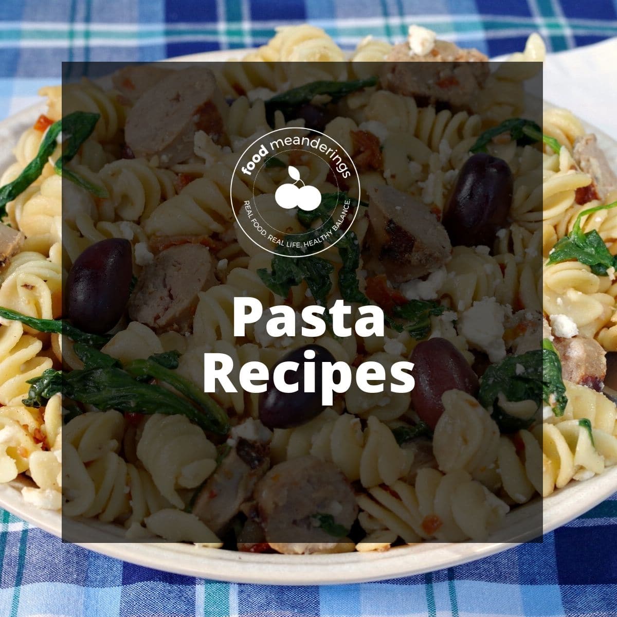 pinterest board cover for pasta recipes (see through black with white writing) and picture of pasta in background