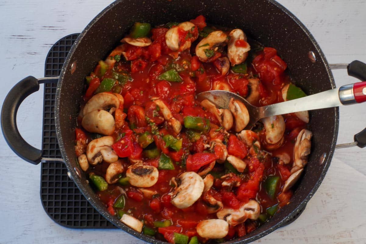 ingredients (besides ground beef) mixed together in a large pot