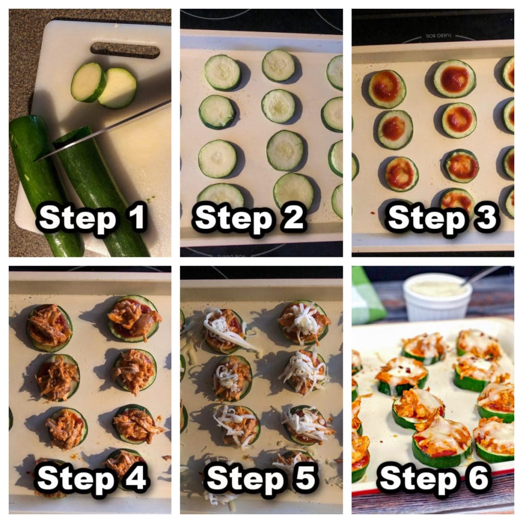 collage of 6 photos showing how to make buffalo chicken zucchini pizza