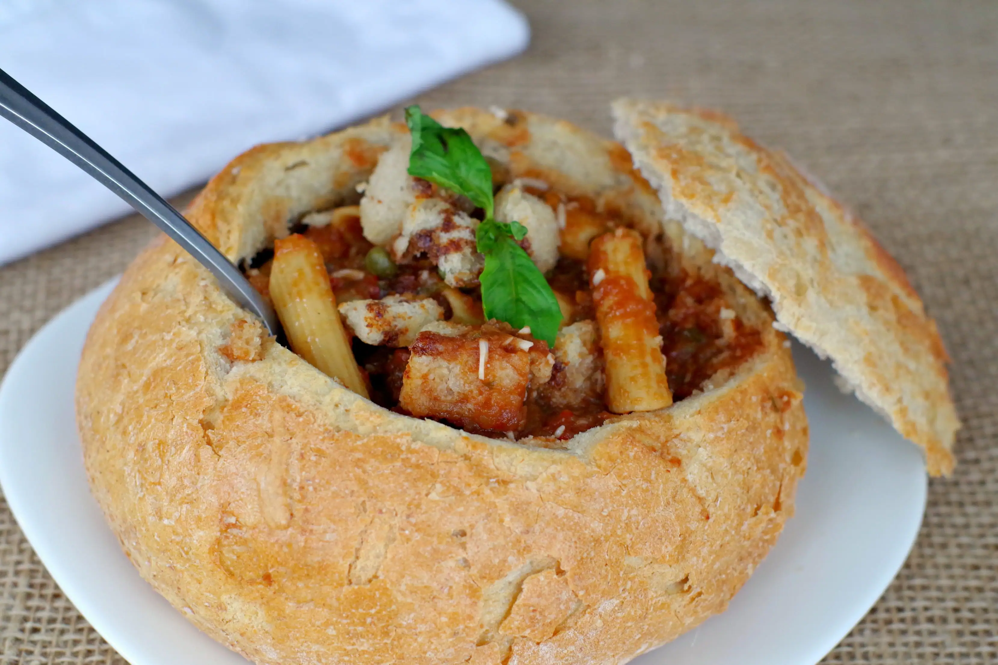 Panzanella Pasta Soup in a bread bowl