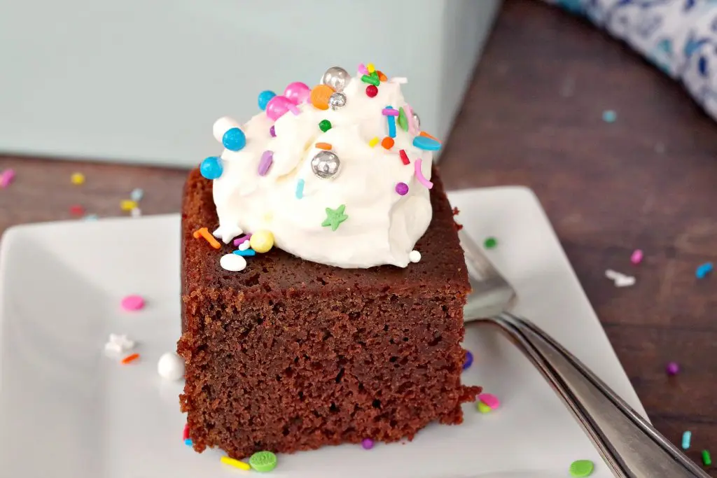 Piece of Sour Cream Chocolate Cake with whipped cream and sprinkles