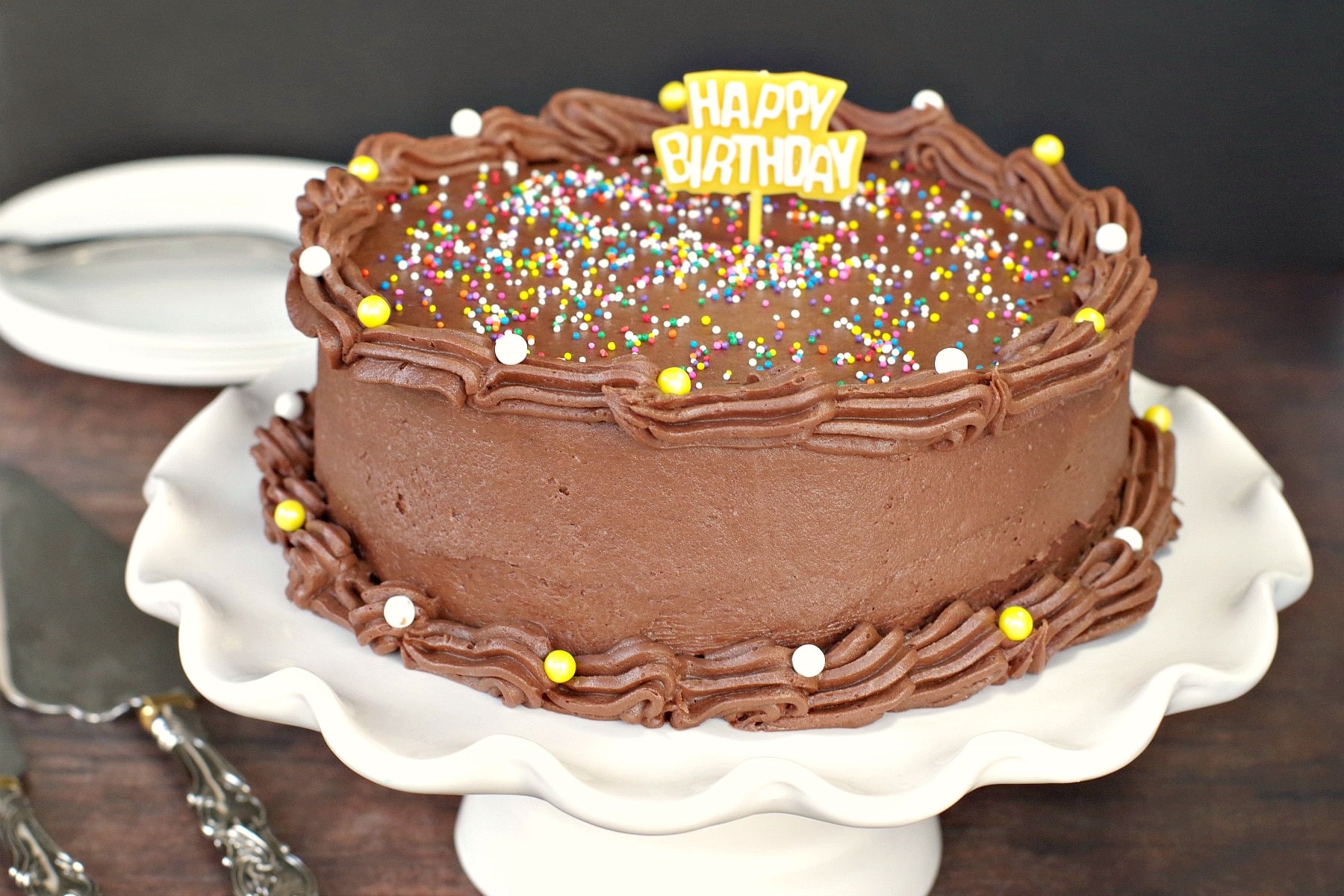 Old fashioned sour cream chocolate cake with no butter chocolate icing birthday cake