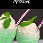 Pinterest pin with white text on black background at top and bottom and photo of 2 green grasshopper mocktail glasses clinking together