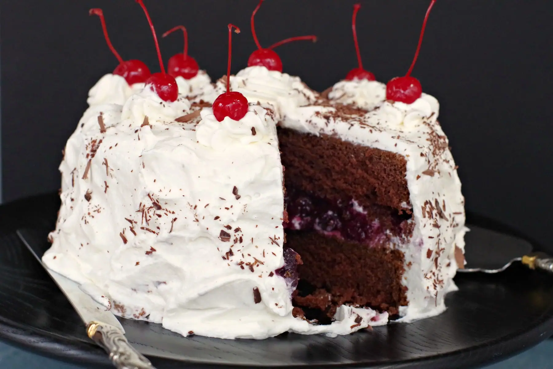 Homemade Black forest cake with slice taken out