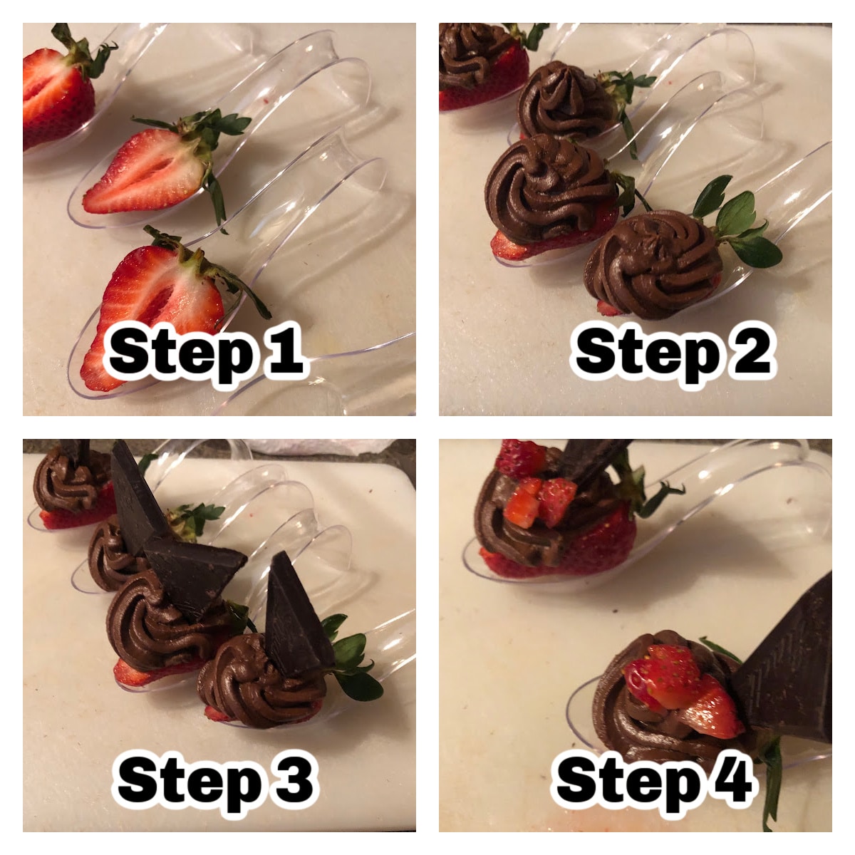collage of 4 photos of making chocolate strawberry desserts on spoons