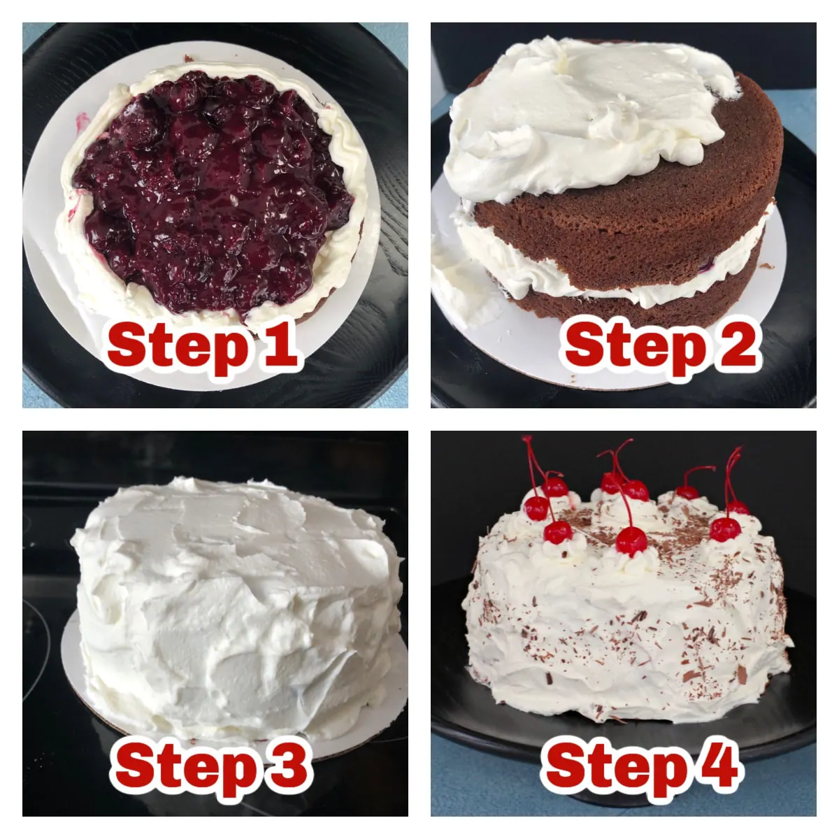 collage of 4 photos showing easy assembly instructions for black forest cake