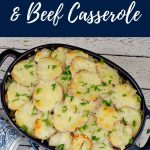 Pinterest pin with white text on blue background on the top and bottom and a photo of potato, spinach and beef casserole in a blue casserole dish, on a white wood background in the middle