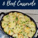 Pinterest pin with white text on blue background on the top and bottom and a photo of potato, spinach and beef casserole in a blue casserole dish, on a white wood background in the middle