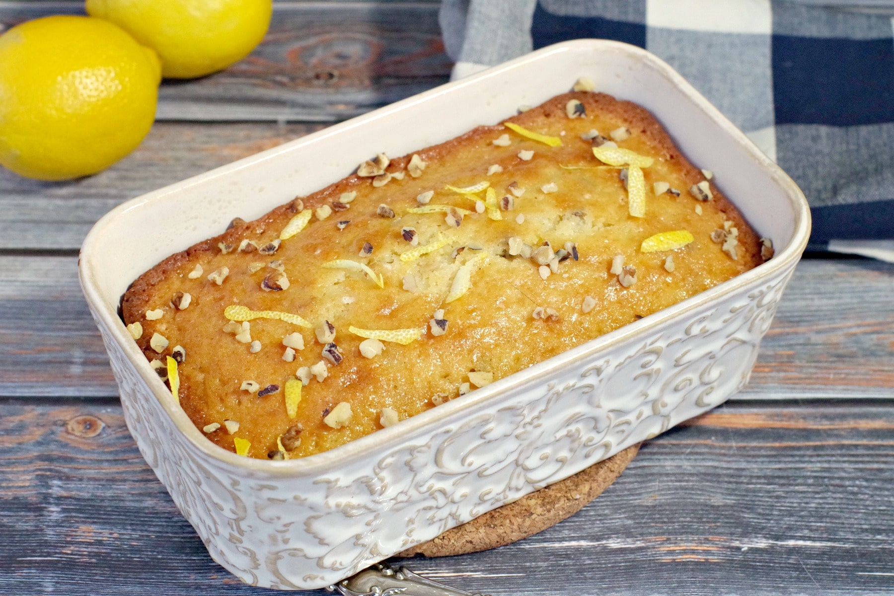 lemon loaf in off-white ceramic loaf pan 