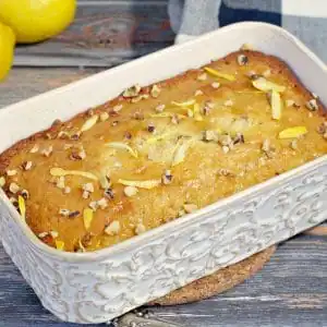 lemon loaf in off-white ceramic loaf pan