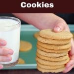 pinterest pin with white text on brown background on top and bottom and hand holding a stack of cookies and glass in milk in the other hand