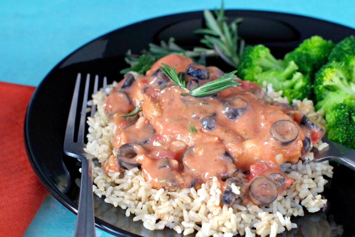 Pork with Creamy mushroom salsa sauce on bed of rice with frozen broccoli