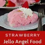 Piece of strawberry jello angel food cake on white plate with whole cake in background