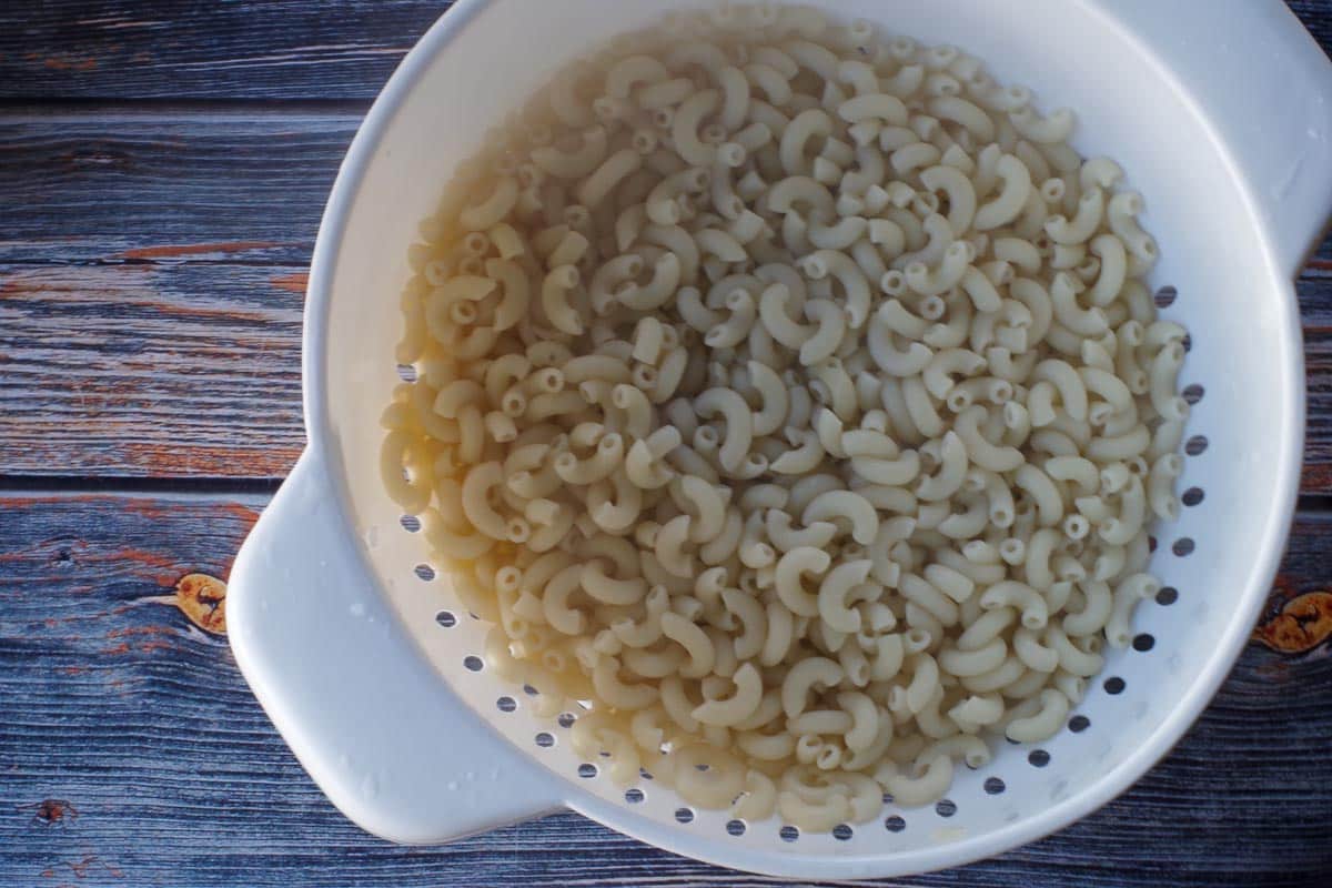 cooked macaroni drained in a colander