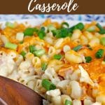 pinterest pin with white text on brown background and photo of Tuna Macaroni Casserole