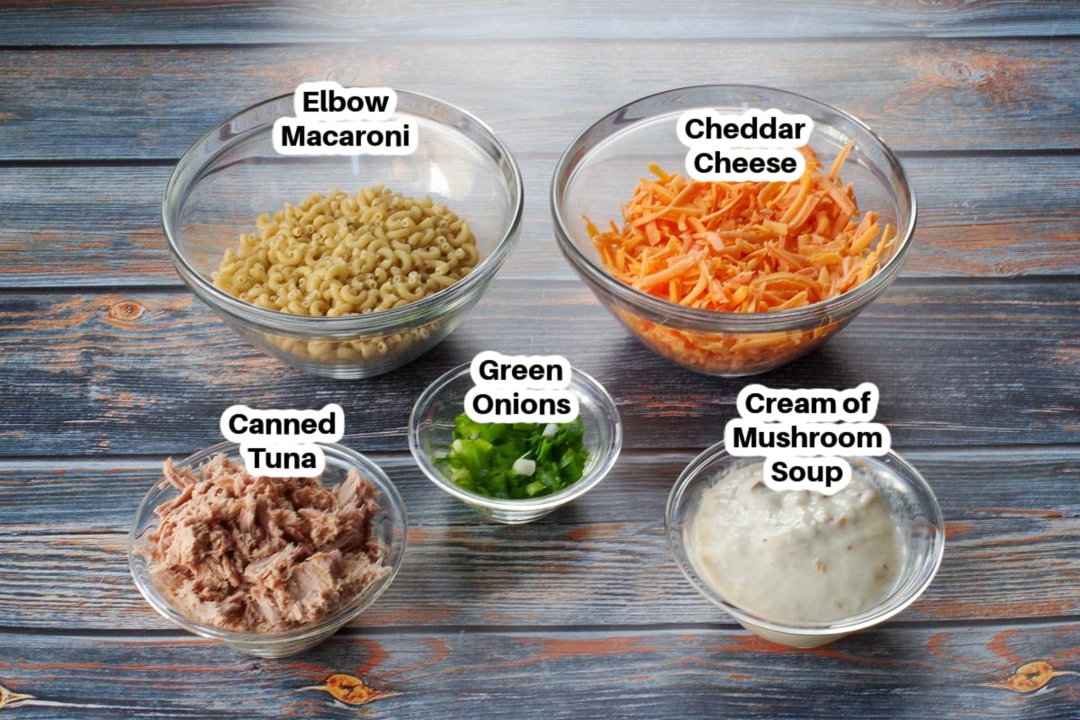 ingredients in tuna casserole in glass bowls, labelled