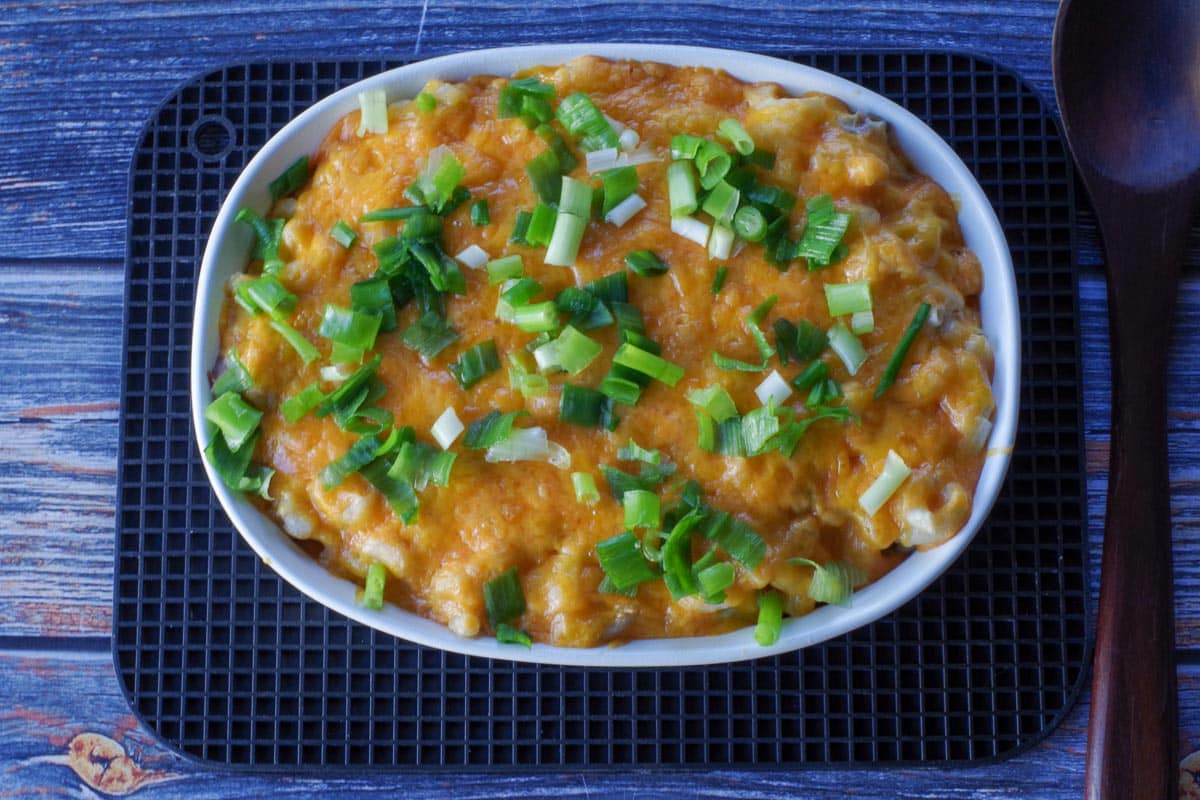 baked tuna casserole sprinkled with green onions