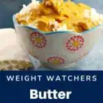 weight watchers butter chicken in a white bowl with, red, yellow and blue design