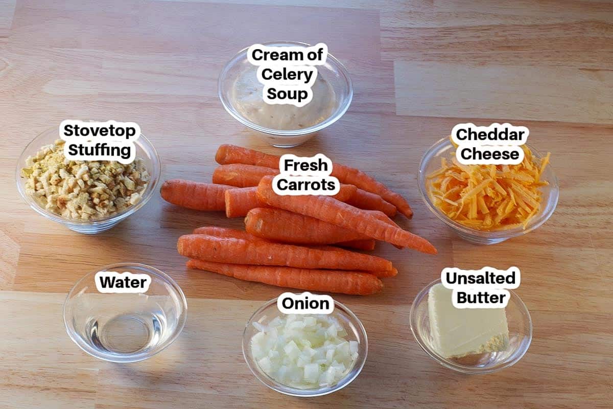 ingredients in carrot casserole in glass bowls, labelled