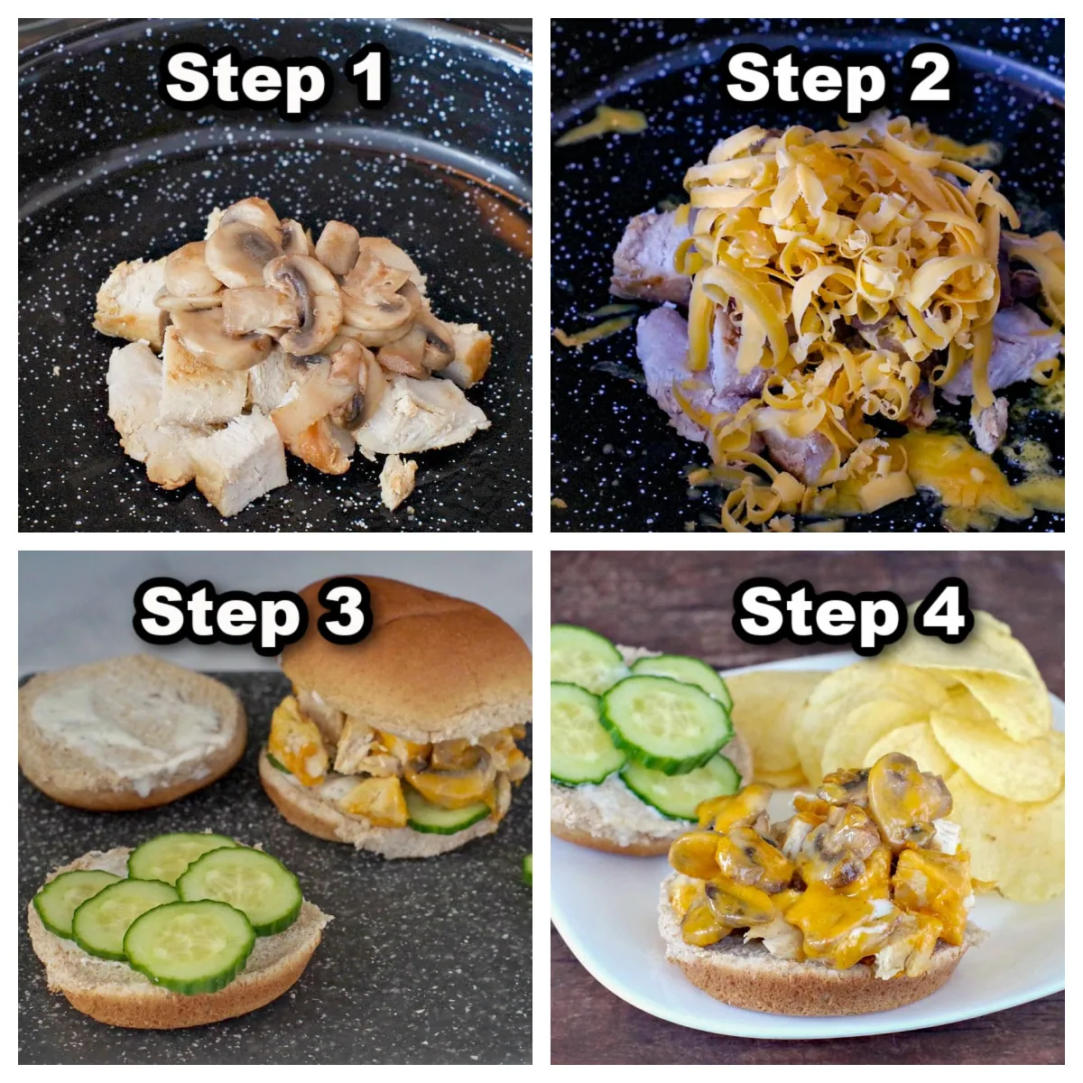 collage of 4 photos showing steps to make a chicken breast burger