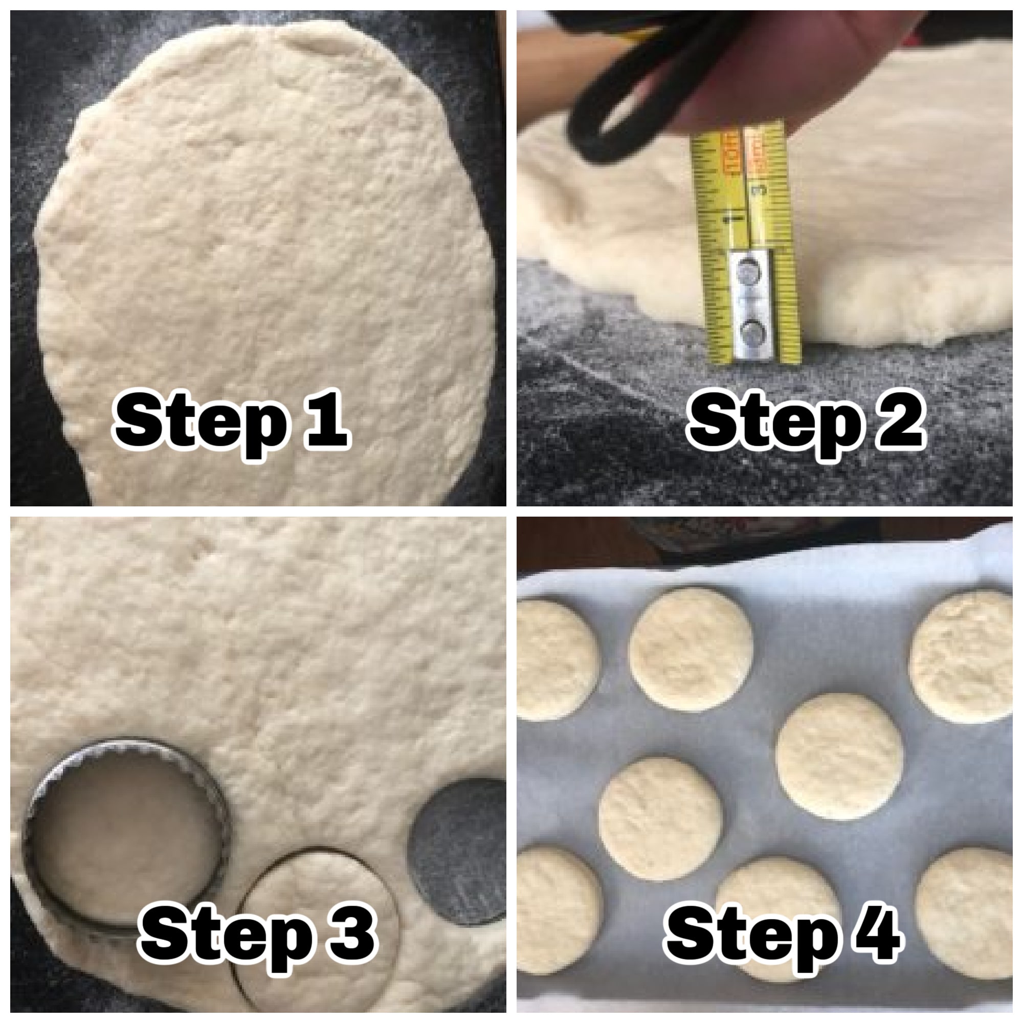 collage of 4 photos of steps to make baking powder biscuits