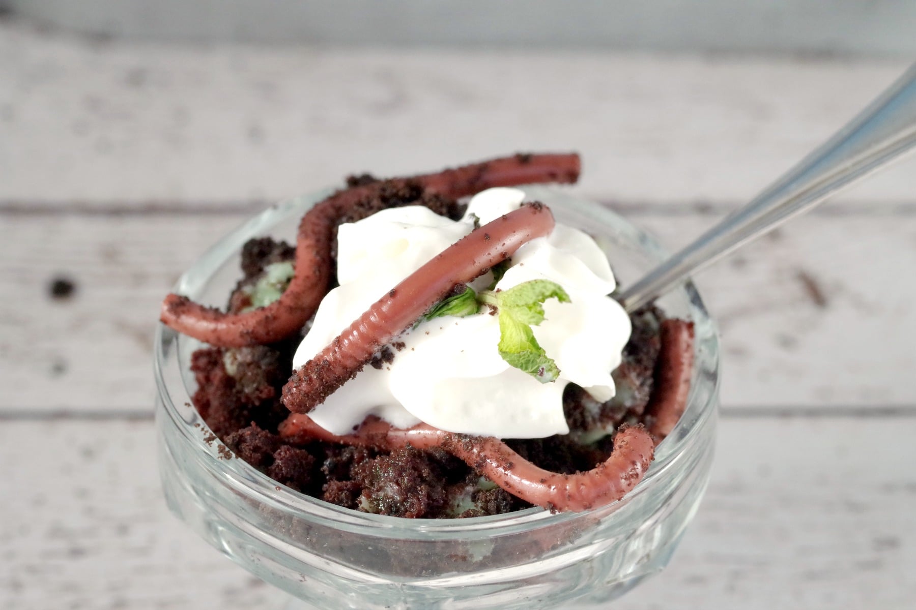 dirt and worms dessert in clear dessert bowl with whipped cream on top